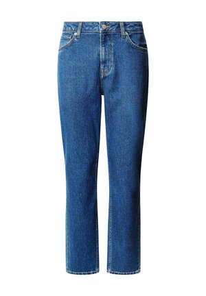 Blå jeans i denim med rak ben design, fem fickor, metalldetalj och synliga sömmar längs med sömmarna.
