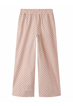 Világos rózsaszín bő szárú nadrág fekete pöttyökkel és rugalmas derékkal, fehér háttéren, laposan.