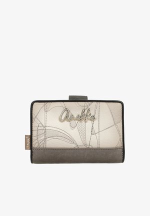 Geldbörse mit grauem und beigem abstraktem Muster auf der Vorderseite, Metall-"Anekke"-Logo, schwarzem Rand und einem Stoffetikett an der Seite.
