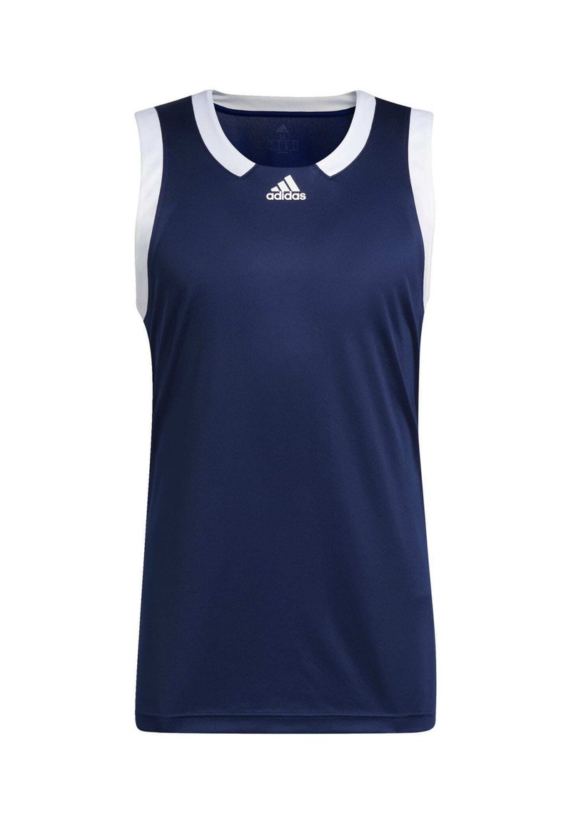 Camiseta atlética sin mangas de color azul con cuello y agujeros para los brazos en blanco, hecha de una tela texturizada, con el logo de Adidas en el frente.