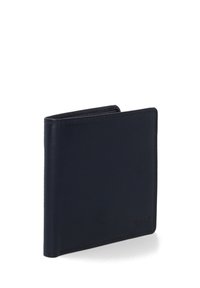 Granatowy portfel skórzany o gładkiej fakturze, z podwójnym złożeniem i minimalistycznym przeszyciem. Posiada wytłoczone logo z przodu.