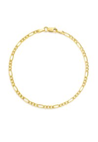 Gold metal bracelet with elongated links and a secure clasp. Smooth texture and shiny finish. Functional design for everyday wear.