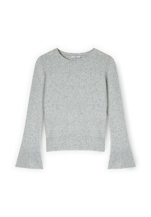 Maglione grigio con scollo rotondo, maniche lunghe a campana, polsini a coste e una finitura morbida e texturizzata.