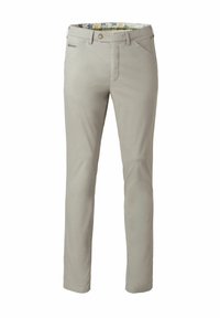 Helle graue Hose aus weichem Material mit Slim-Fit, ausgestattet mit einem blumigen Innenbund und einem Reißverschluss- sowie Knopfverschluss vorne.