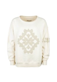 Cremefarbiges Sweatshirt mit strukturiertem Blumenmuster in der Mitte auf der Vorderseite und strukturiertem Text auf dem rechten Ärmel, mit gerippten Säumen und Bund.