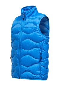 Blauwe puffer vest met een hoge kraag, voorzien van een golfpatroon en ritstasjes aan de zijkanten. Gemaakt van glanzend, lichtgewicht materiaal.
