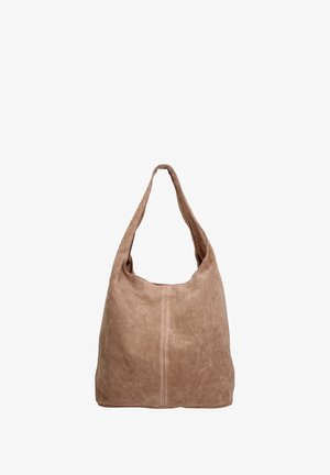 Borsa a spalla in suede marrone chiaro, caratterizzata da una forma morbida, una tracolla ampia e un semplice dettaglio di cucitura sul fronte. Texture morbida complessiva.