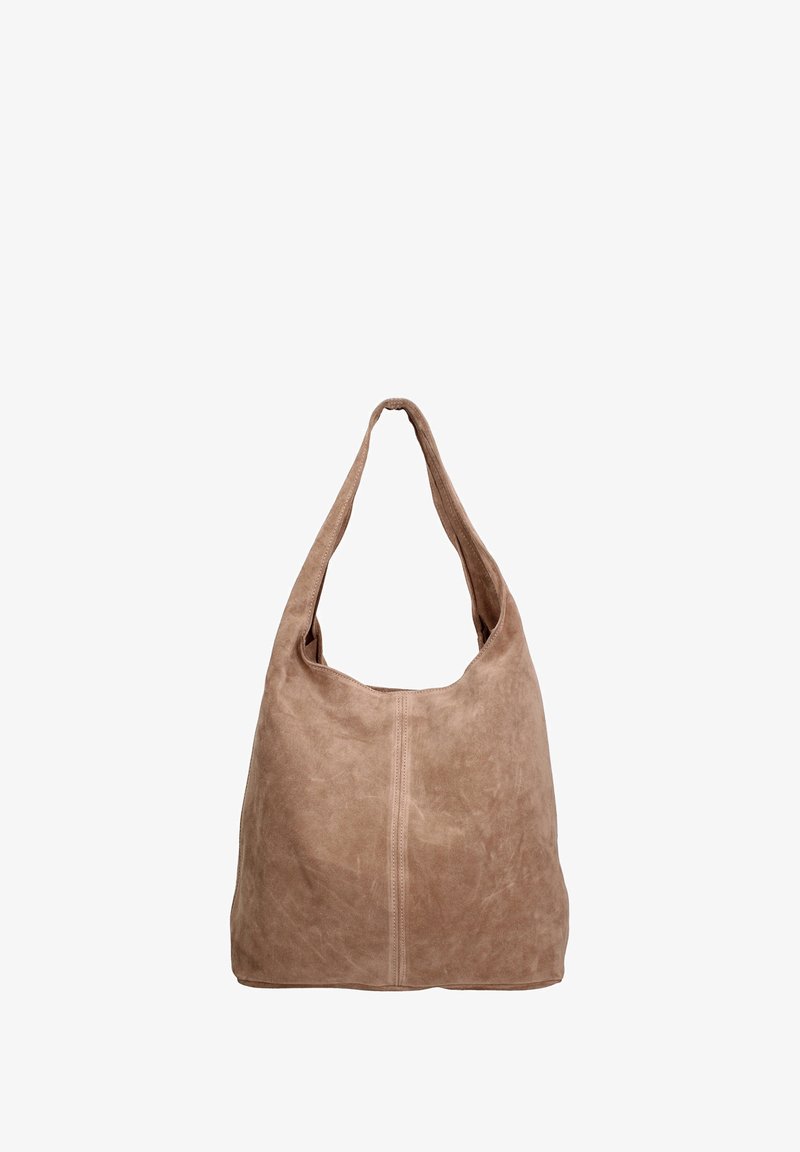 Borsa a spalla in suede marrone chiaro, caratterizzata da una forma morbida, una tracolla ampia e un semplice dettaglio di cucitura sul fronte. Texture morbida complessiva.