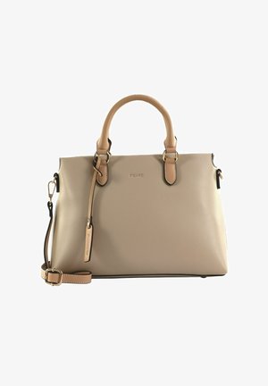 Sac à main en cuir beige avec double poignées supérieures, bandoulière amovible et logo "PICARD" embossé sur le devant.