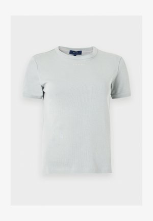 Lys grå kortermet ribbestrikket bomullst-skjorte med rund hals og liten "Soeur" logo brodert under kragen.