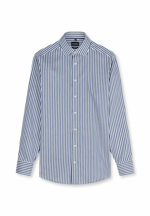 Camicia a maniche lunghe con bottoni, con righe verticali blu e bianche e colletto classico, mostrata su uno sfondo bianco semplice.