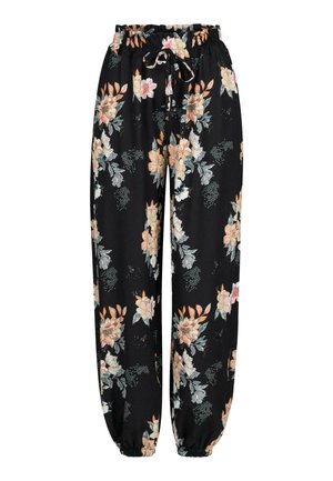 Pantalons noirs à motif floral avec une taille élastique et un cordon de serrage. Présente des chevilles fuselées et des motifs floraux variés dans des couleurs douces.