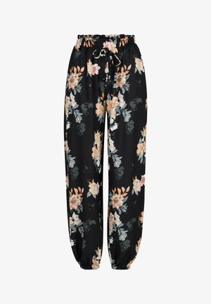 Floral-patterned black trousers with an elastic waistband and drawstring. Features tapered cuffs and varied floral designs in soft colors.