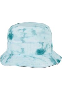 Hellblauer Batik-Bucket-Hut aus weichem Material, mit breiter Krempe und genähten Details um die Krone für Stabilität.