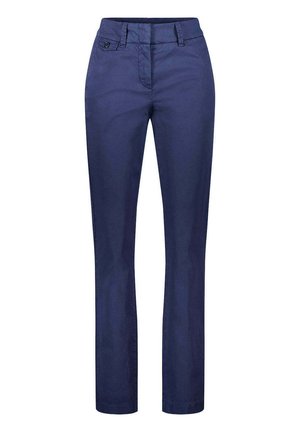 Navyblaue Hose mit geradem Bein, Knopf- und Reißverschluss, vorderen Gürtelschlaufen und einer kleinen, mit Knopf verschlossenen Tasche auf der rechten Seite.