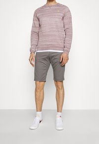Maglietta a maniche lunghe a righe rosse e bianche con colletto rotondo, abbinata a pantaloni corti grigi. Sneakers bianche con accenti rossi. Look semplice e casual.