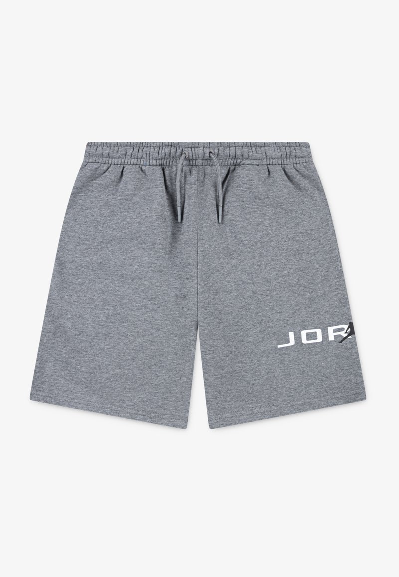 Šedé bavlnené športové šortky s elastickým pásom, šnúrkou na stiahnutie a bielym logom "JORDAN" potlačeným na dolnej ľavej strane.