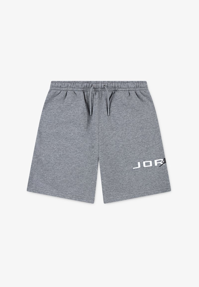 Graue Baumwoll-Sportshorts mit einem elastischen Taillenbund, Kordelzug und weißem "JORDAN"-Logo auf der unteren linken Seite.
