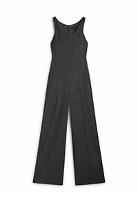 Grijze, mouwloze jumpsuit gemaakt van textuurstof. Heeft een V-hals, verticale naden en brede, vloeiende pijpen. Ritsluiting aan de achterkant.