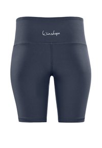 Donkerblauwe high-waisted shorts gemaakt van rekbaar materiaal, met een gladde textuur en een klein logo op de tailleband.