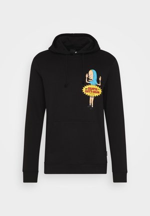 Czarna bluza z kapturem i kieszenią z przodu, z kolorową postacią z kreskówki i napisem „Beavis and Butt-Head" na piersi.