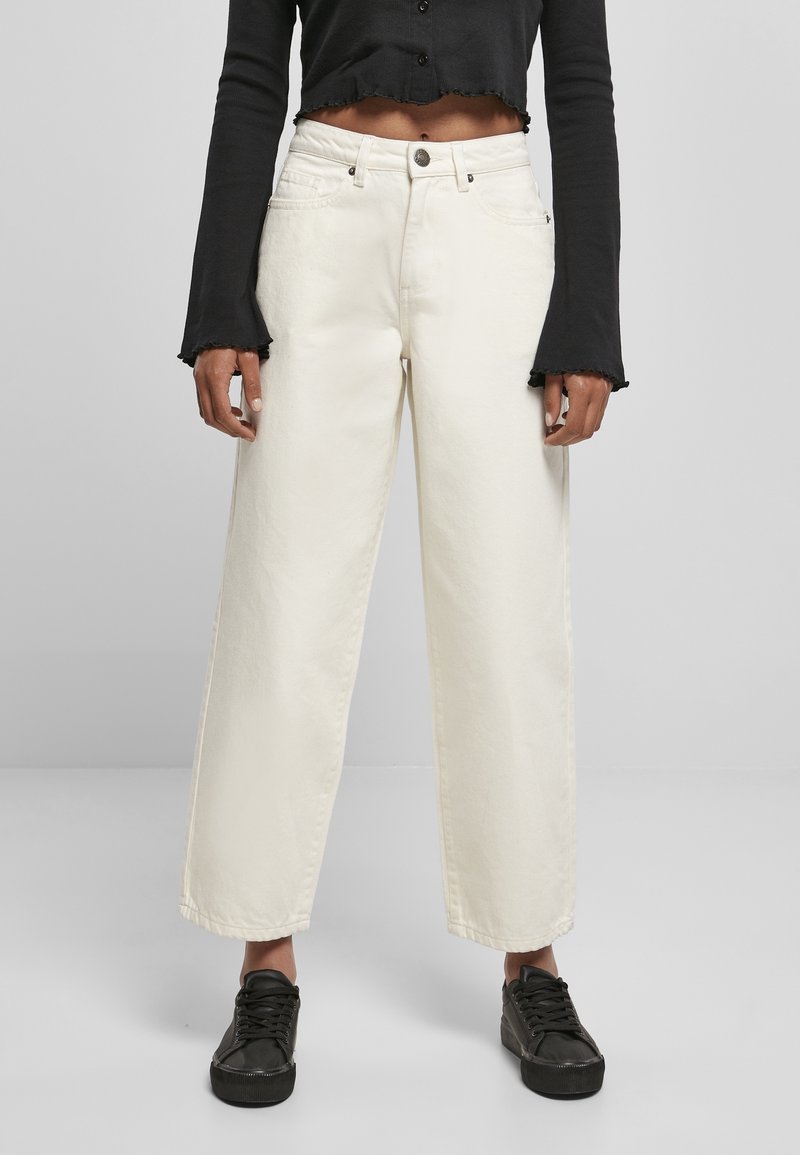 Breda ben, off-white jeans i kraftig bomull med hög midja och femfickdesign, med knappstängning och råa kanter.