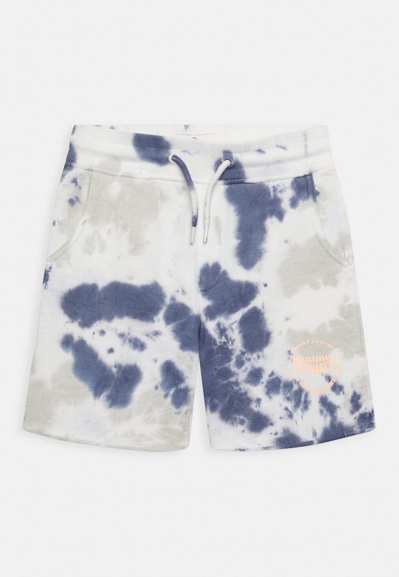 Shorts en mélange de coton à motifs tie-dye, avec une base gris clair et des motifs bleus et verts, une taille avec cordon de serrage réglable et des poches latérales.