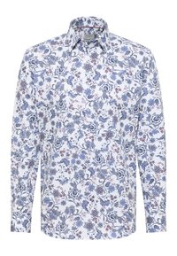 Camicia bianca a maniche lunghe con un motivo floreale blu e viola, chiusura con bottoni frontale e colletto classico.