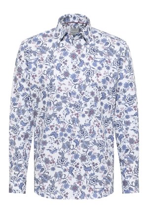 Camicia bianca a maniche lunghe con un motivo floreale blu e viola, chiusura con bottoni frontale e colletto classico.