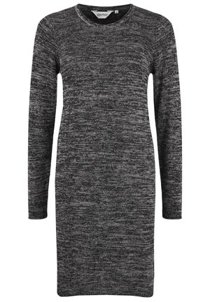 Langärmliges Kleid aus einem strukturierten schwarzen und grauen Strickstoff. Mit rundem Ausschnitt und geradem Schnitt, der subtile seitliche Akzente aufweist.