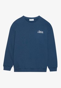 Felpa blu con maniche lunghe, polsini a coste e scollatura rotonda. Presenta il testo ricamato "Authentic NYC Baseball League" sul petto.