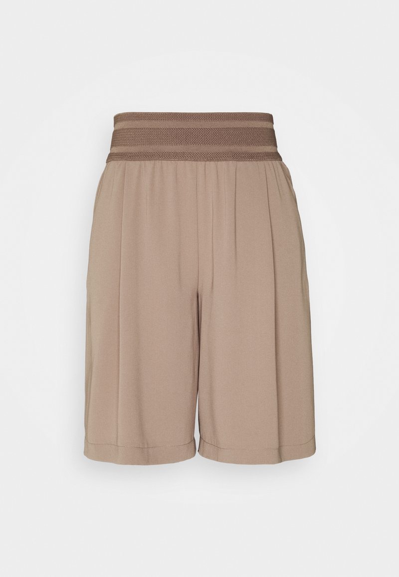Beige shorts met een gestructureerde bruine tailleband, met plooien voor extra volume. Gemaakt van een lichtgewicht, gladde stof.