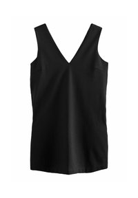 Top sans manches noir en tissu lisse, présentant un décolleté en V profond et une coupe minimaliste, sans embellissements ni motifs visibles.