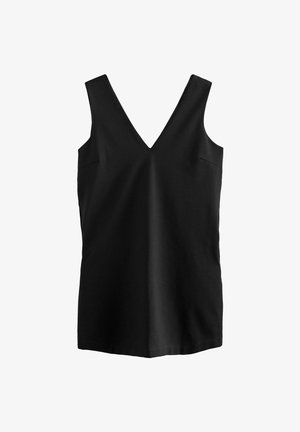 Zwarte mouwloze top van een gladde stof, met een diepe V-hals en een minimalistische snit, zonder zichtbare versieringen of patronen.