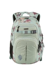 Mint green backpack with floral pattern, padded straps, front zip pocket, adjustable side straps, and logo on bottom right corner.