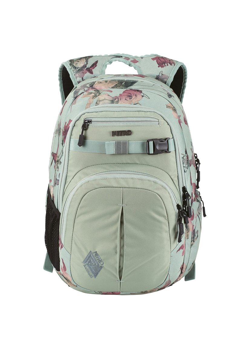 Mint green backpack with floral pattern, padded straps, front zip pocket, adjustable side straps, and logo on bottom right corner.