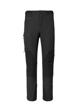 Black outdoor pants featuring a blend of smooth and textured materials, with zippered pockets and reinforced knee panels for durability.