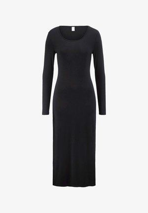 Schwarzes, langärmliges, figurbetontes Midikleid mit Rundhalsausschnitt, auf einem schlichten weißen Hintergrund präsentiert.