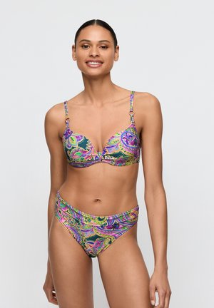 Kleurrijke bikini met een patroon in paarse, groene en blauwe tinten. Beha met beugel en verstelbare bandjes; broekje is hoog getailleerd.