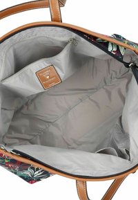 Einkaufstasche mit floral gemustertem Stoffbezug und braunen Ledergriffen. Das Innere hat ein graues Futter und eine Reißverschlusstasche.