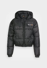 Svart cropped puffer-jakke med hette, med glidelås foran og snøring, quiltet design og liten logo på venstre bryst.