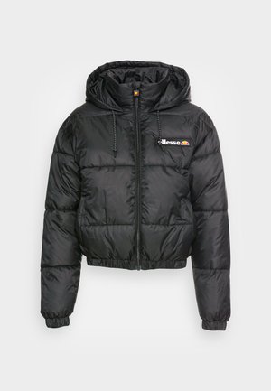 Black cropped puffer jacket with a hood, featuring a zip front and drawstring, quilted design, and small logo on the left chest.