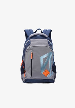 Grey and navy backpack with padded straps, front zip pockets, blue diagonal stripe detail, and orange zipper pulls and patch.