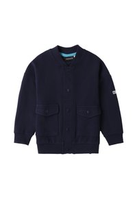 Navyblaues Sweatjackett aus strukturiertem Stoff, mit Rundkragen, Druckknöpfen und zwei Fronttaschen. Weiches, lässiges Design.