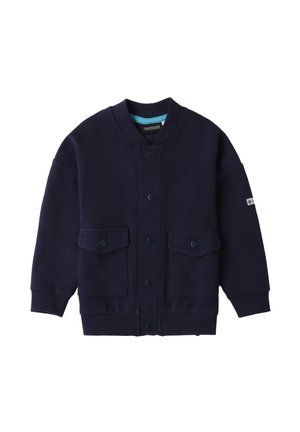 Giacca felpa blu navy realizzata in tessuto strutturato, con colletto rotondo, bottoni a scatto e due tasche frontali. Design morbido e informale.