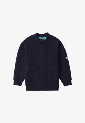 Chaqueta sudadera azul marino hecha de tejido texturizado, con cuello redondo, botones a presión y dos bolsillos frontales. Diseño suave y casual.