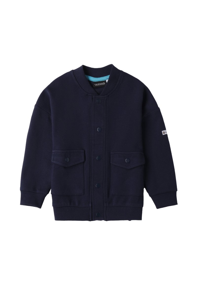 Navyblaues Sweatjackett aus strukturiertem Stoff, mit Rundkragen, Druckknöpfen und zwei Fronttaschen. Weiches, lässiges Design.
