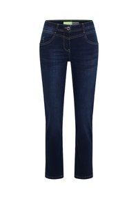 Granatowe dżinsy z prostymi nogawkami, pięcioma kieszeniami i kontrastowym złotym przeszyciem. Posiadają zapięcie na guzik i szlufki na pasek.