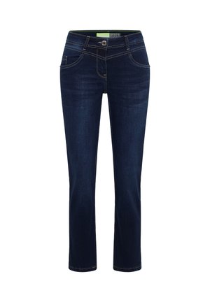 Dunkelblaue Jeans aus Denim mit gerader Beinform, fünf Taschen und kontrastierenden, goldenen Nähten. Mit Knopfverschluss und Gürtelschlaufen.