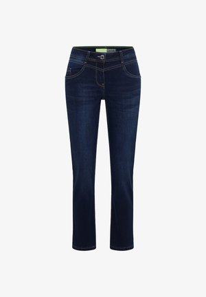 Jeans in denim blu scuro con un design a gamba dritta, cinque tasche e cuciture dorate a contrasto. Presentano una chiusura con bottone e passanti per cintura.